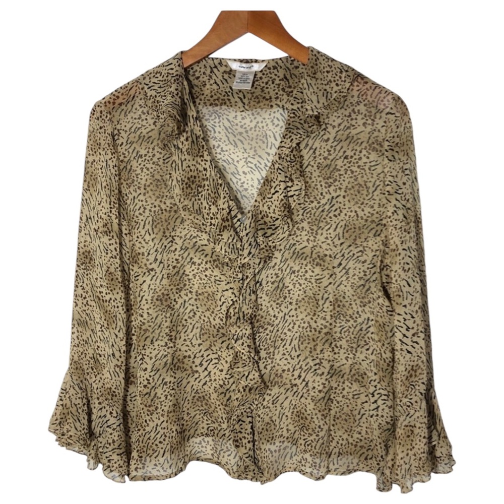 Edward Sheer Silk Animal Print Shirt w Ruffle Front and Mother of Pearl Buttons